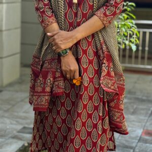 Red Ajrakh Print Kurti Set - Image 2